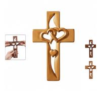 Cruz de madera hecha a mano con corazones entrelazados, cruz de matrimonio de estilo vintage tallada a mano, cruz de madera colgante para decoración de pared para boda, hogar cristiano (B)
