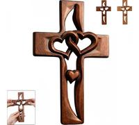 Cruz de madera hecha a mano con corazones entrelazados, cruz de matrimonio tallada a mano, decoración de pared, cruz de madera colgante de estilo vintage para el hogar cristiano, boda o regalo (A)