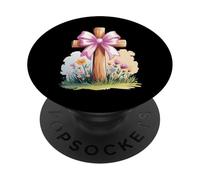 Cruz de Madera Rosa con Lazo Floral para Primavera Cristiana PopSockets PopGrip Adhesivo