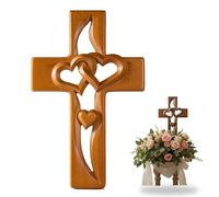 Cruz de madera tallada a mano con corazones entrelazados, cruz de matrimonio colgante hecha a mano en forma de corazón decoración de pared, regalo religioso Pascua San Valentín boda Navidad (Natural)