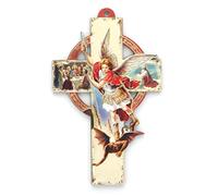 Cruz del Arcángel San Miguel de madera con ilustración - Cruz religiosa - Culto cristiano de Madera