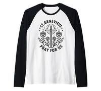 Cruz Floral de St. Genevieve Pray for Us Camiseta Manga Raglan