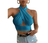 Cruz Fruncido con Cordones Cami Top Halter Cruzado Sexy, Sensual, Puro Deseo, Chica, versátil, con Cuello, for Mujer(Blue,M)