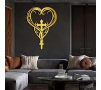 Cruz metálica Dorada para Pared, Arte de Pared con corazón de Amor Eterno Infinito, decoración de Pared con Cruz, Escultura Moderna para Sala de Estar, Dormitorio, Pasillo y escaleras (dorad