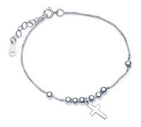 Cruz Yumilok Beads bolas 925 Sterling Plata Charm-Armband Armkette Plata Gliederarmband para señoras mujeres, niñas, 6.5-7.5" regulable