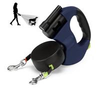 CRWEOM Correa para perros doble para 2 perros, correa retráctil con función giratoria de 360°, iluminación LED y nailon reflectante, mango ergonómico (azul)