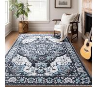 CRYPTOLITE 5x7 Washable Rug - Boho Non-Slip Indoor Area Rug for Living Room, Bedroom, Dining Room, Entryway - Black and Ivory with Ice Blue Accents