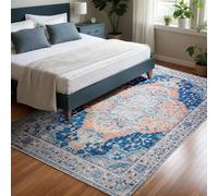 CRYPTOLITE Alfombra Lavable de 4 x 6 pies - Alfombra Bohemia Antideslizante para Interiores para Sala de Estar, Dormitorio, Comedor, Entrada, medallón clásico Azul Marino y Naranja