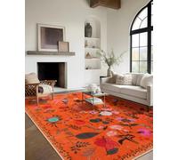 CRYPTOLITE Area Rug 9x12, Washable Large Rugs for Living Room, Non Slip 0.27" Low Pile Vintage Floral Large Carpet for Bedroom, Dining Room, Kids Playroom (Orange)