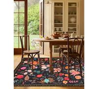 CRYPTOLITE Boho Washable Area Rug 6x9 for Living Room, Bedroom, Office, Playroom, Kitchen or Dining Room, Soft Floral Carpet for Indoor Use, Easy Care Non-Slip Design (Black)
