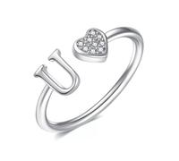 CRYSLOVE Anillo con letra de plata de ley 925 con corazón inicial para mujer, mujer, niña, abierto, ajustable, alfabeto A-Z, anillos de boda, bisutería para cumpleaños, Stapelbar, Plata de ley