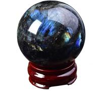 Crystal Ball Labradorite Decorative Sphere Polished Divination Ball with Wooden Base Stone for,Yoga,9cm