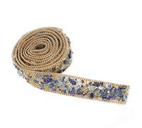 Crystal Beaded Ribbon Rhinestone Diamond Ribbon Roll Iron en parche para vestidos de baile Cinturón Apliques Ropa Bolsa Zapatos Boda Fiesta Decoración(Cuentas de arroz azul + oro + cadena de oro)