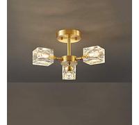 Crystal Chandelier Lighting Metal Brushed Brass Flush Mount Pendant Light with Square Crystal Shade Contemporary Gold Hanging Lamp for Bedroom Dining Room (3-Light)