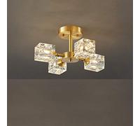 Crystal Chandelier Lighting Metal Brushed Brass Flush Mount Pendant Light with Square Crystal Shade Contemporary Gold Hanging Lamp for Bedroom Dining Room (4-Light)