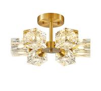 Crystal Chandelier Lighting Metal Brushed Brass Flush Mount Pendant Light with Square Crystal Shade Contemporary Gold Hanging Lamp for Bedroom Dining Room (6-Light)