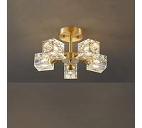Crystal Chandelier Lighting Metal Brushed Brass Flush Mount Pendant Light with Square Crystal Shade Contemporary Gold Hanging Lamp for Bedroom Dining Room (5-Light)