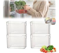 Crystal Clear Freezer Storage Bins, Premium Clear Fridge Organisers Set, Stackable Plastic Kitchen Storage Containers with Handles, for Refrigerator and Pantry, for Food, Meat & Veggies (4A,L)
