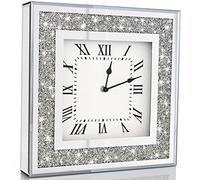 Crystal Crush Diamond Mirrored Square Wall Clock with Sparkle Twinkle Bling Diamond Decor for Wall Decoration, 12x12inch Decorative Silver Mirror Quartz Clock for Home Decor. AA Battery Not Included