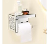 Crystal Crush Diamond - Portarrollos de papel higiénico con estante de espejo, moderno accesorio de baño plateado montado en la pared, glamuroso soporte de papel higiénico para una elegante decoración