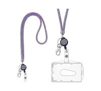 Crystal Necklace Lanyard, (Purple) Bling Keychain Transparent Badge Holder with Retractable Crystal Lanyard and ID Card Holder, for Business Card, Bus