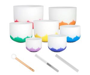 Crystal Singing Bowl Set Frosted 432Hz (7 Crystal Singing Bowls, 8-14") incl. 3 Mallets (Wood, Crystal Half, Crystal Full)