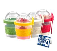 CRYSTALIA Porta Yogurt y Cereales, 4PZs, 500ml 100% SIN BPA , Bote de Fruta con Tapas, Envases Comida para Llevar Muesli Avena Papilla, Vaso Desayuno To Go
