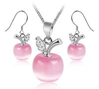 Crystalline Azuria Mujer 18ct Chapado en Oro Blanco Manzanas Juego de joyas Rosa Simulado Piedra de ojo de gato Cristales Collar Pendientes