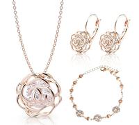 Crystalline Azuria Mujer 18ct Chapado en Oro Rosa Flores Rosas Cristales Juego de joyas Collar Pendientes Pulsera para Mujer Niña Boda Novia y Dama de honor