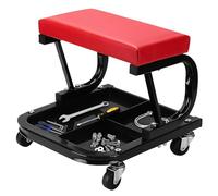 Crystals Taburete de taller resistente de 150 kg de capacidad, asiento de carrito mecánico con cojín acolchado, bandeja de herramientas, ruedas giratorias y taburete de trabajo, color rojo