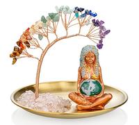 Crystals Tree,7 Chakra Healing Crystals Tree Gaia Te Fiti Storage Tray Yoga Meditation Zen Home Decor Set Figurine Ornament Decoration Feng Shui Wealth Luck (Mother Earth Statue_Gold Tray)