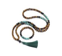 CrystalTears Juego de cadena de oración Mala, 108 perlas con borla + 8 mm de cuentas elásticas, pulsera de ojo de tigre y turquesa africana, joyas espirituales, Perla Perla Turquesa
