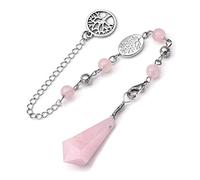 CrystalTears Péndulo de cristal de cuarzo rosa natural, hexagonal, curativo, punto de cristal radiestesia, collar para adivinación, chakras, reiki, curación, meditación, equilibrio