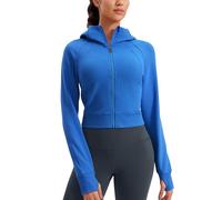CRZ YOGA Womens Cropped Hoodie Full Zip Jacket Athletic Casual Sudaderas de Manga Larga con Agujeros para los Pulgares Azul Destello 46