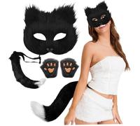 Csafyrt 3pcs/set Therian Gear, Therian Mask and Tail, Gloves Set Half Face Fox Mask con cola peluda de hebilla ajustable para Halloween Cosplay Fox, negro