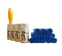 CSC - Kit de limpieza de animales, cepillo adhesivo con mango de diseño y 3 recargas, Tot 144 hojas quitapelos y 240 bolsas de perro caca, antiolores, resistentes e impermeables - 12 rollos de 32 x 22