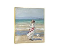 CSGWLAT Enmarcado Cuadro en Lienzo,Joaquin Sorolla Famoso Impresión de Pintura en Lienzo,Imagen Reproducción Listo para Colgar para Hogar,dama con perro 30x36cm-12x14in Marco Dorado
