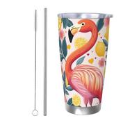 CSIVKEJ Bonito vaso con estampado de flamenco rosa de 20 onzas, vaso aislado de acero inoxidable con tapa y pajita, taza de café helado, se adapta a la mayoría de soportes de coche