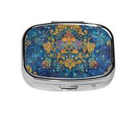 CSIVKEJ Pastillero cuadrado con estampado azul café, 2 compartimentos, bolsillo decorativo, portátil, mini organizador de medicamentos de viaje