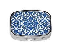 CSIVKEJ Pastillero cuadrado con estampado azul y blanco, 2 compartimentos, bolsillo decorativo, portátil, mini organizador de medicamentos de viaje