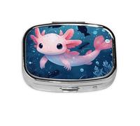 CSIVKEJ Pastillero cuadrado con estampado de ajolote rosa, 2 compartimentos, bolsillo decorativo, portátil, mini organizador de vitaminas, medicina de viaje, tableta