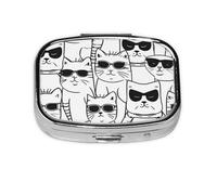 CSIVKEJ Pastillero cuadrado con estampado de gatos, 2 compartimentos, bolsillo decorativo, portátil, mini viaje, medicina, tablet, vitaminas, organizador