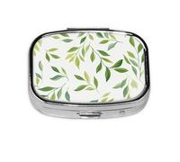 CSIVKEJ Pastillero cuadrado con estampado de hojas verdes, 2 compartimentos, bolsillo decorativo, portátil, mini viaje, medicina, tablet, vitaminas, organizador