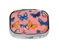 CSIVKEJ Pastillero cuadrado con estampado de mariposa, 2 compartimentos, bolsillo decorativo, portátil, mini viaje, medicina, tablet, vitaminas, organizador