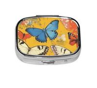 CSIVKEJ Pastillero cuadrado con estampado de mariposa, 2 compartimentos, bolsillo decorativo, portátil, mini viaje, medicina, tablet, vitaminas, organizador