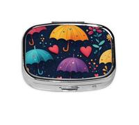 CSIVKEJ Pastillero cuadrado con estampado de paraguas coloridos, 2 compartimentos, bolsillo decorativo, portátil, mini organizador de medicamentos de viaje