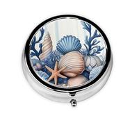 CSIVKEJ Pastillero redondo con estampado de concha de mar con 3 compartimentos, bolsillo decorativo, portátil, mini organizador de medicamentos de viaje