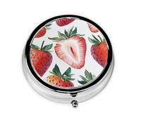 CSIVKEJ Pastillero redondo con estampado de fresa rosa, 3 compartimentos, bolsillo decorativo, portátil, mini organizador de medicamentos de viaje