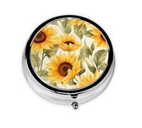 CSIVKEJ Pastillero redondo con estampado de girasol amarillo con 3 compartimentos, bolsillo decorativo, portátil, mini bolsa de viaje, medicina, vitaminas, organizador