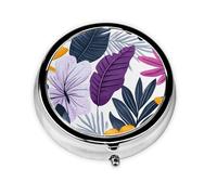CSIVKEJ Pastillero redondo con estampado de hojas, 3 compartimentos, bolsillo decorativo, portátil, mini organizador de medicamentos de viaje